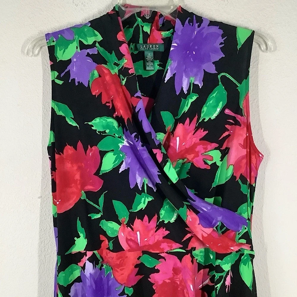 LAUREN Ralph Lauren Sleeveless Dress 1X Faux Wrap Dark Floral Work Wedding - Picture 10 of 14